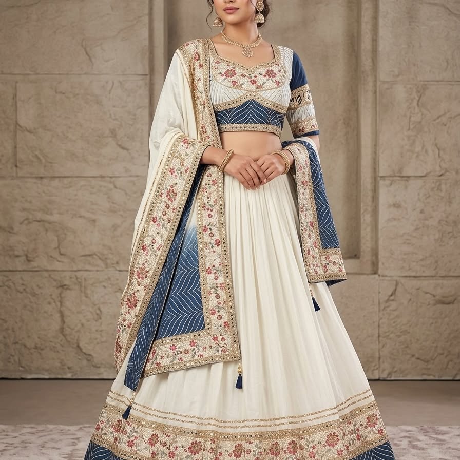 Ivory lehenga with indigo embroidered dupatta