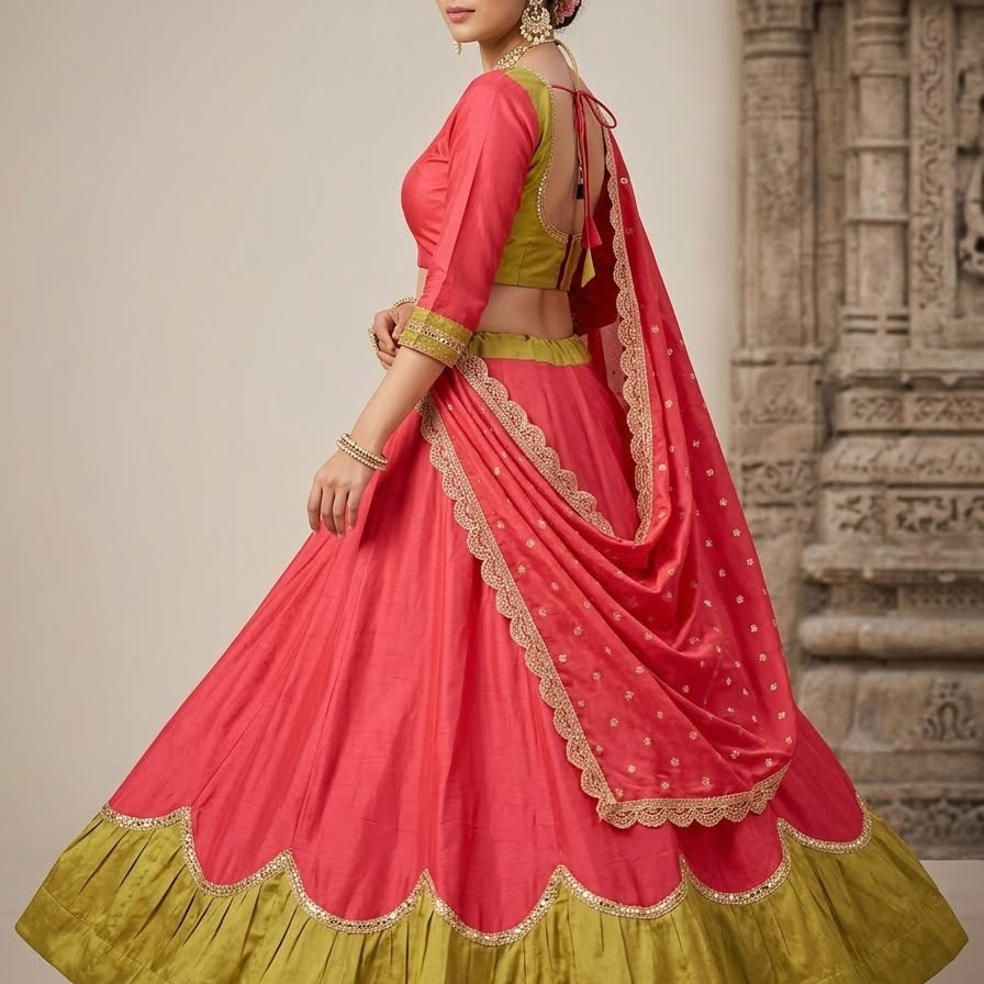 Coral pink lehenga with olive blouse and gold scalloped trim
