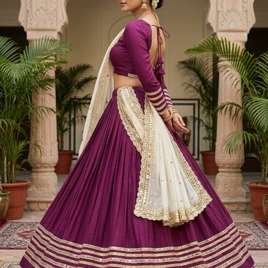 Deep plum bridal lehenga with gold borders and mirror accents