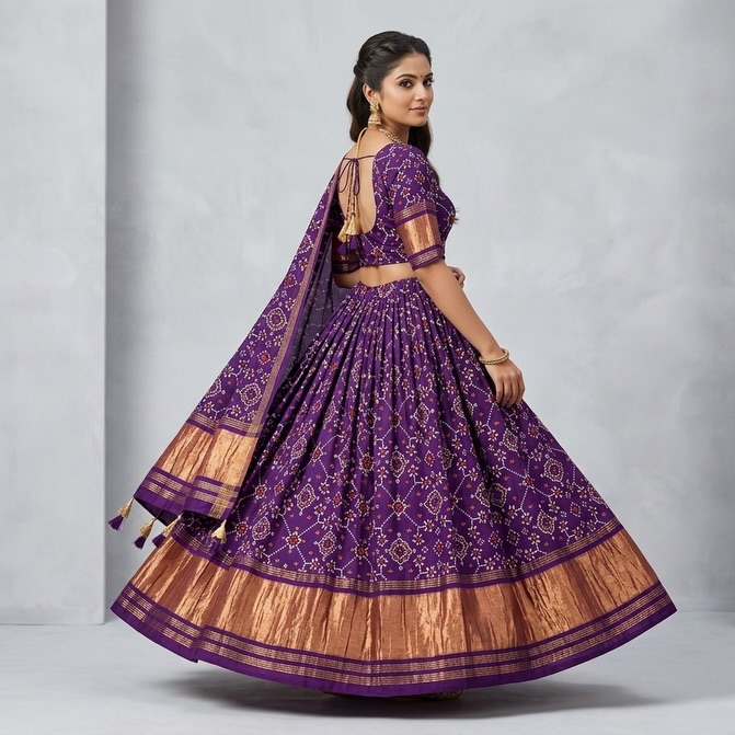 Purple bandhani lehenga with wide antique gold zari border